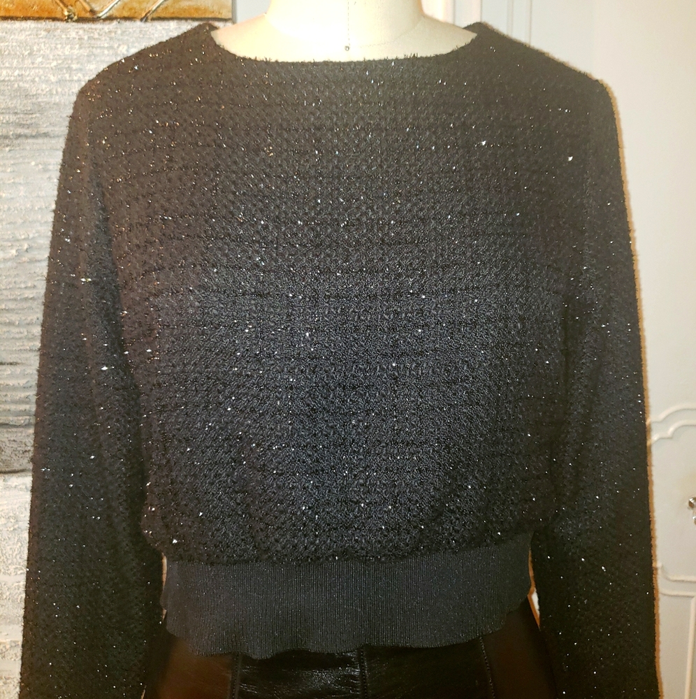 Black Sparkle Tweed Crop Top